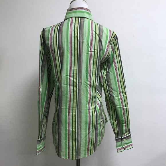 Etro Milano green purple stripes 100% cotton button up shirt i48 - Picture 4 of 9
